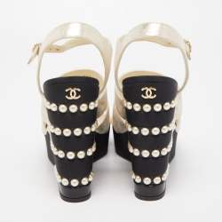 Pre Owned Chanel Gold Laminated Suede CC Faux Pearl Wedge Strappy Sandals Size 38