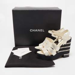 Pre Owned Chanel Gold Laminated Suede CC Faux Pearl Wedge Strappy Sandals Size 38