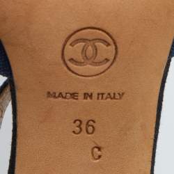 Pre Owned Chanel Navy Blue/Black Canvas and Leather Camellia Heel T-Strap Pumps Size 36