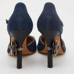 Pre Owned Chanel Navy Blue/Black Canvas and Leather Camellia Heel T-Strap Pumps Size 36