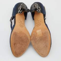 Pre Owned Chanel Navy Blue/Black Canvas and Leather Camellia Heel T-Strap Pumps Size 36