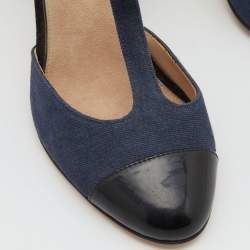 Pre Owned Chanel Navy Blue/Black Canvas and Leather Camellia Heel T-Strap Pumps Size 36