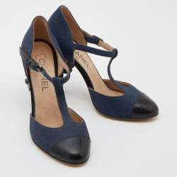 Pre Owned Chanel Navy Blue/Black Canvas and Leather Camellia Heel T-Strap Pumps Size 36