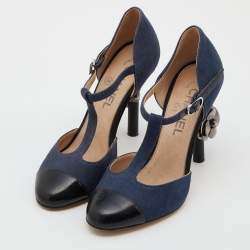 Pre Owned Chanel Navy Blue/Black Canvas and Leather Camellia Heel T-Strap Pumps Size 36