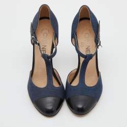 Pre Owned Chanel Navy Blue/Black Canvas and Leather Camellia Heel T-Strap Pumps Size 36