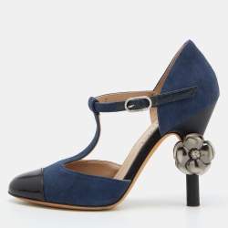 Pre Owned Chanel Navy Blue/Black Canvas and Leather Camellia Heel T-Strap Pumps Size 36