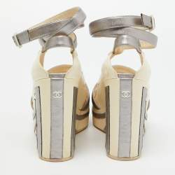 Chanel Metallic Grey and Cream Leather Ankle Wrap Square Toe Platform Pumps Size 38.5