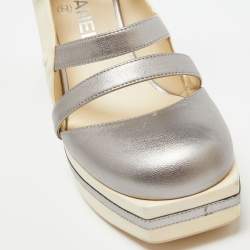Chanel Metallic Grey and Cream Leather Ankle Wrap Square Toe Platform Pumps Size 38.5