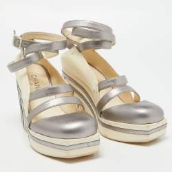 Chanel Metallic Grey and Cream Leather Ankle Wrap Square Toe Platform Pumps Size 38.5