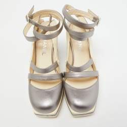 Chanel Metallic Grey and Cream Leather Ankle Wrap Square Toe Platform Pumps Size 38.5