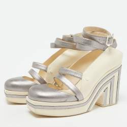 Chanel Metallic Grey and Cream Leather Ankle Wrap Square Toe Platform Pumps Size 38.5