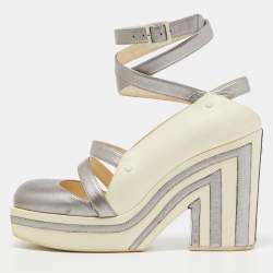 Chanel Metallic Grey and Cream Leather Ankle Wrap Square Toe Platform Pumps Size 38.5