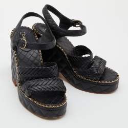 Chanel Black Braided Leather CC Chain Link Wedge Platform Sandals Size 40