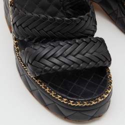 Chanel Black Braided Leather CC Chain Link Wedge Platform Sandals Size 40