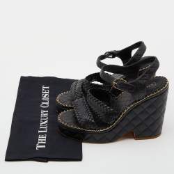 Chanel Black Braided Leather CC Chain Link Wedge Platform Sandals Size 40