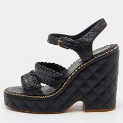 Chanel Black Braided Leather CC Chain Link Wedge Platform Sandals Size 40
