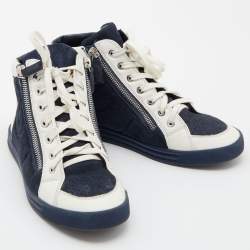 Pre Owned Chanel Navy Blue/White Suede and Leather CC High Top Sneakers Size 37