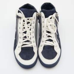 Pre Owned Chanel Navy Blue/White Suede and Leather CC High Top Sneakers Size 37