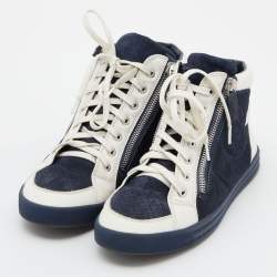 Pre Owned Chanel Navy Blue/White Suede and Leather CC High Top Sneakers Size 37