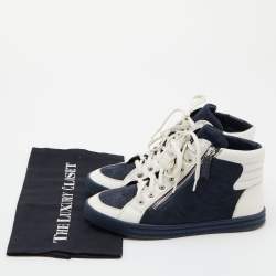 Pre Owned Chanel Navy Blue/White Suede and Leather CC High Top Sneakers Size 37