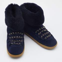 Chanel Navy Blue Suede and Shearling  Fur Chain Link Ankle Boots Size 39.5