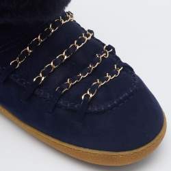 Chanel Navy Blue Suede and Shearling  Fur Chain Link Ankle Boots Size 39.5