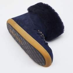 Chanel Navy Blue Suede and Shearling  Fur Chain Link Ankle Boots Size 39.5