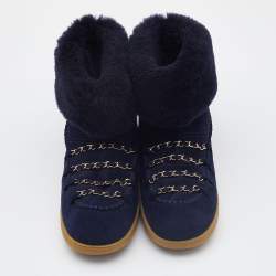 Chanel Navy Blue Suede and Shearling  Fur Chain Link Ankle Boots Size 39.5
