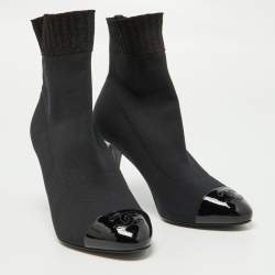Chanel Black Knit Fabric and Patent Leather CC Cap Toe Ankle Booties Size 38