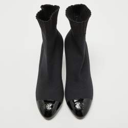 Chanel Black Knit Fabric and Patent Leather CC Cap Toe Ankle Booties Size 38