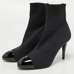 Chanel Black Knit Fabric and Patent Leather CC Cap Toe Ankle Booties Size 38