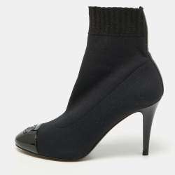 Chanel Black Knit Fabric and Patent Leather CC Cap Toe Ankle Booties Size 38