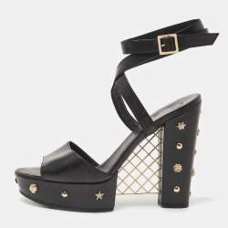 Chanel Black Leather Embellished CC Block Heel Ankle Strap Sandals Size 40.5