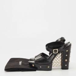 Chanel Black Leather Embellished CC Block Heel Ankle Strap Sandals Size 40.5
