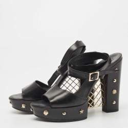 Chanel Black Leather Embellished CC Block Heel Ankle Strap Sandals Size 40.5