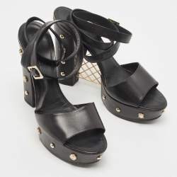 Chanel Black Leather Embellished CC Block Heel Ankle Strap Sandals Size 40.5