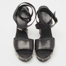Chanel Black Leather Embellished CC Block Heel Ankle Strap Sandals Size 40.5