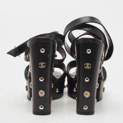 Chanel Black Leather Embellished CC Block Heel Ankle Strap Sandals Size 40.5