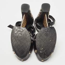 Chanel Black Leather Embellished CC Block Heel Ankle Strap Sandals Size 40.5