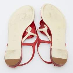 Chanel Red Leather CC Camellia Flat Thong Sandals Size 40