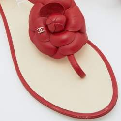 Chanel Red Leather CC Camellia Flat Thong Sandals Size 40