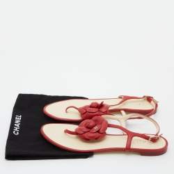 Chanel Red Leather CC Camellia Flat Thong Sandals Size 40
