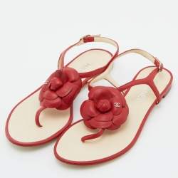 Chanel Red Leather CC Camellia Flat Thong Sandals Size 40