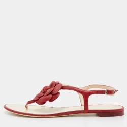 Chanel Red Leather CC Camellia Flat Thong Sandals Size 40