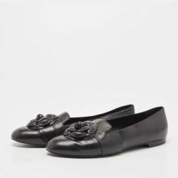 Chanel Black Leather Camellia Flower CC Slip On Smoking Slippers Size 42