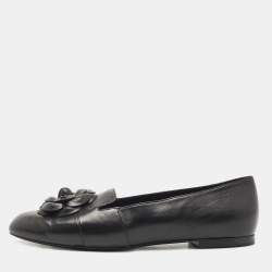 Chanel Black Leather Camellia Flower CC Slip On Smoking Slippers Size 42