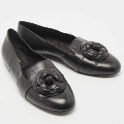 Chanel Black Leather Camellia Flower CC Slip On Smoking Slippers Size 42