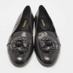 Chanel Black Leather Camellia Flower CC Slip On Smoking Slippers Size 42