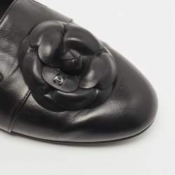 Chanel Black Leather Camellia Flower CC Slip On Smoking Slippers Size 42