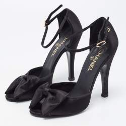 Chanel Black Satin Bow CC Ankle Strap Sandals Size 39.5